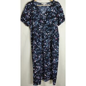 LOFT PETITES Floral Midi Dress Blue Short Sleeve V-Neck Women Size XSP